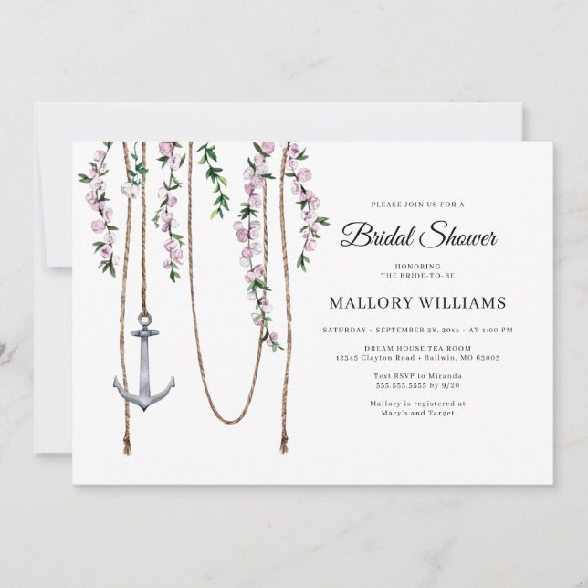 Convite Chá de panela de Âncora Náutica Floral Romântica (Frente)