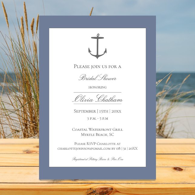 Convite Chá de panela de Âncora Náutica Simples | Azul poe (Dusty Blue Simple Nautical Anchor Bridal Shower Invitation)