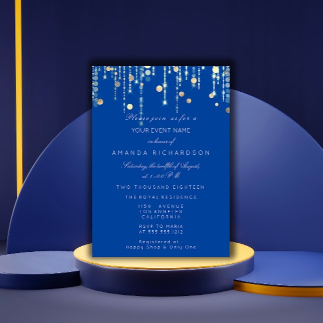 Convite Chá de panela de aniversário de bebedouros Dourado (Royal Blue Gold Drips Birthday Bridal Shower Invitation)