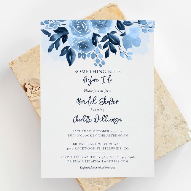 Convite Chá de panela de Aquarela Azul Dusty (Dusty Blue Floral Something Blue Before I Do Bridal Shower Invitation)