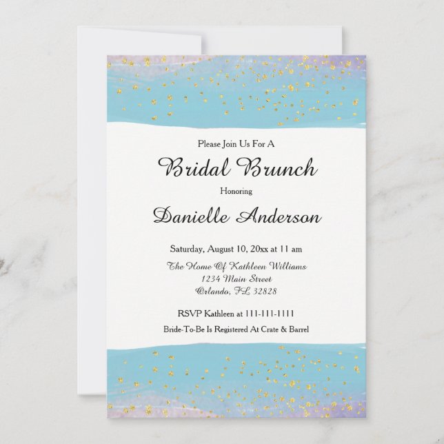 Convite Chá de panela de Aquarela Azul e Dourado (Frente)