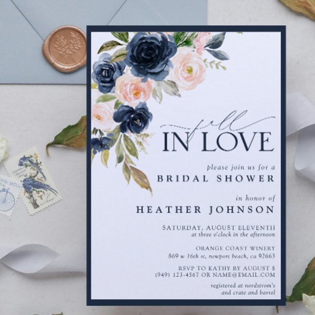 Convite Chá de panela de Aquarela Azul Floral (Fall in Love with this pretty navy blue floral bridal shower invite that is easy to personalize)