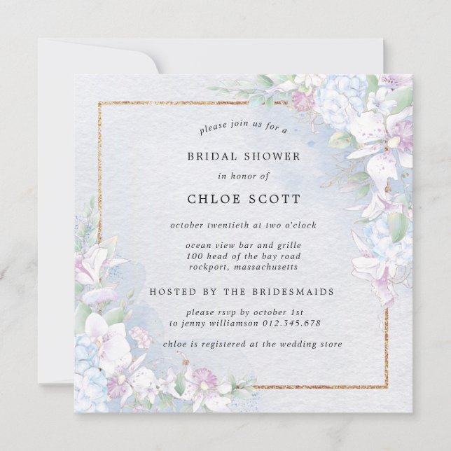 Convite Chá de panela de Aquarela Azul Floral Branco (Frente)