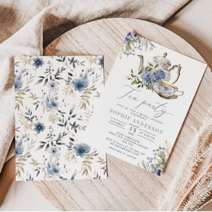 Convite Chá de panela de Aquarela Azul Floral do Tea Party