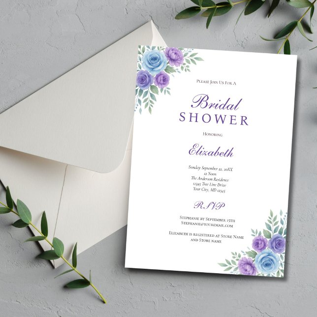 Convite Chá de panela de Aquarela Azul Roxo (Purple blue watercolor floral bridal shower invitation. Couples Wedding Shower)