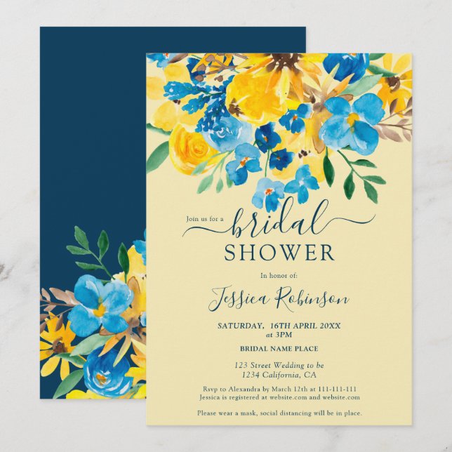 Convite Chá de panela de aquarela azul-russa (Frente/Verso)