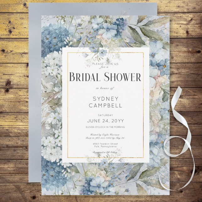Convite Chá de panela de Aquarela Azul Russo (Rustic Blue Floral Watercolor Bridal Shower Invitation)