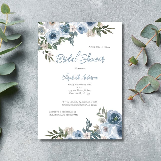 Convite Chá de panela de Aquarela Branco Dusty (Blue White Floral Watercolor Bridal Shower Invitation- Elegant and Formal)