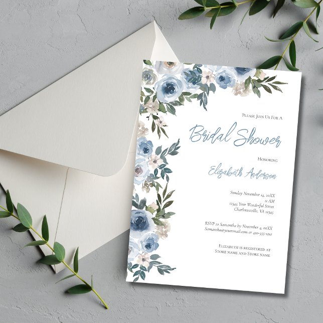 Convite Chá de panela de Aquarela Branco Dusty (Dusty Blue Floral Greenery Watercolor Elegant Bridal Shower invitation)