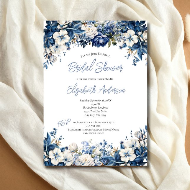 Convite Chá de panela de Aquarela Branco Dusty (Dusty Blue White Floral Bridal Shower Invitation. Elegant Watercolor. Printed or Digital Download)