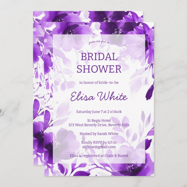 Convite Chá de panela de Aquarela de Blooms Roxos PERSONAL (Frente/Verso)