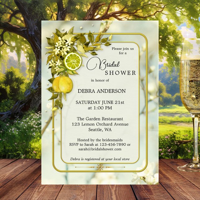 Convite Chá de panela de Aquarela de Lemon Orchard (Orchard bridal shower invitation featuring watercolor lemons and citrus fruits with floral leaves )