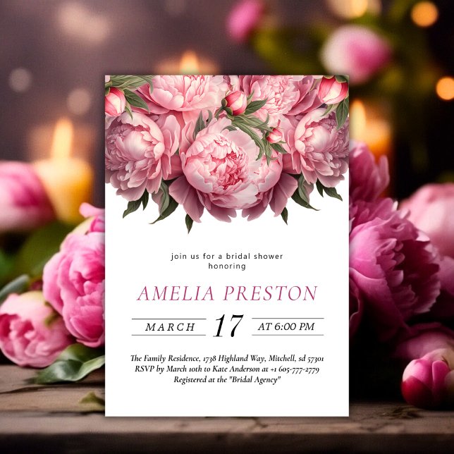 Convite Chá de panela de Aquarela de Peões Rosa (Pink Peonies Watercolor Bridal Shower Invitation)