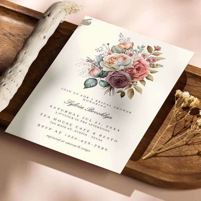Convite Chá de panela de Aquarela de Rosa Delicado (Personalized Delicate Rose Watercolor Bridal Shower Invitation)