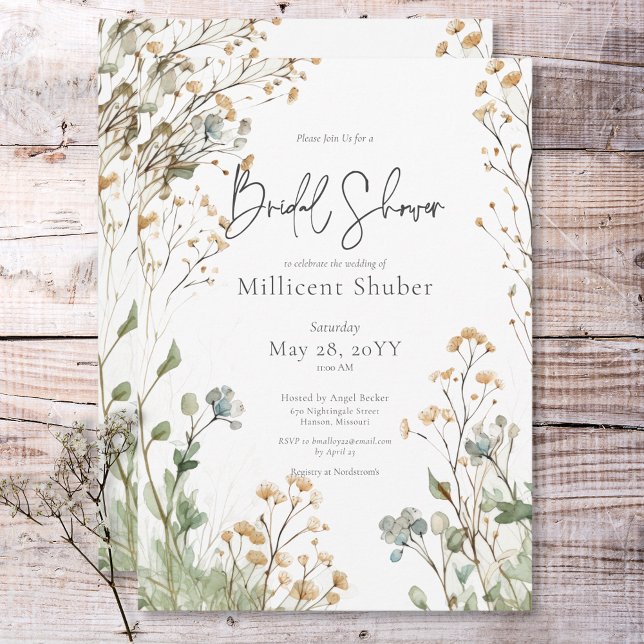 Convite Chá de panela de Aquarela do Bebê Russo (Rustic Baby's Breath Watercolor Bridal Shower Invitation)