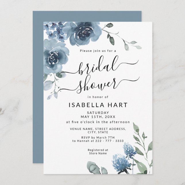 Convite Chá de panela de Aquarela Floral Azul-Destilada (Frente/Verso)