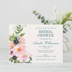 Convite Chá de panela de Aquarela Floral Azul Elegante 