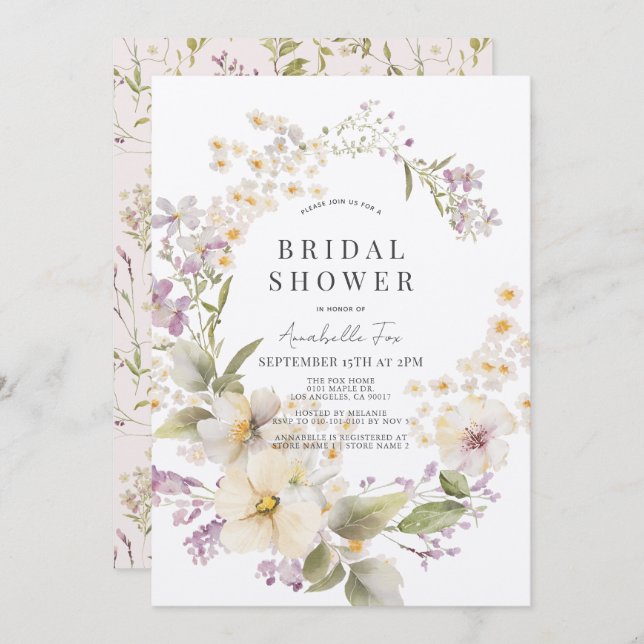 Convite Chá de panela de Aquarela Floral Branco e Puro (Frente/Verso)