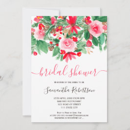 Convite chá de panela de aquarela floral de inverno vermel