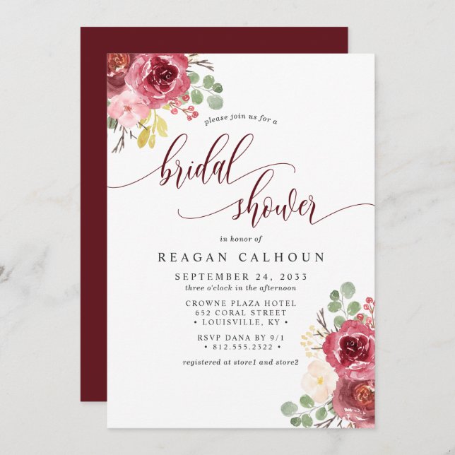 Convite Chá de panela de Aquarela Floral de Merlot Vermelh (Frente/Verso)