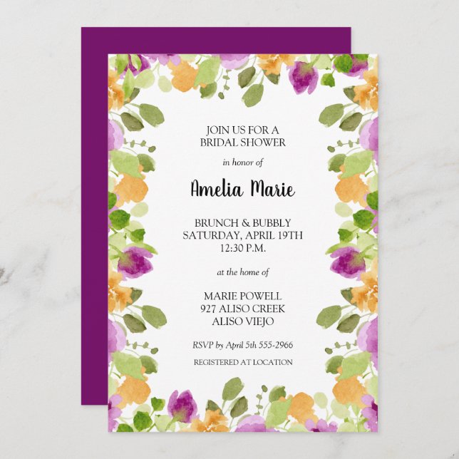 Convite Chá de panela de Aquarela Floral Elegante (Frente/Verso)