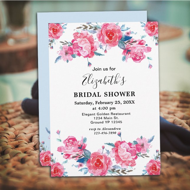 Convite Chá de panela de Aquarela Floral Rosa Elegante (Elegant Pink Floral Watercolor Bridal Shower Invitation)