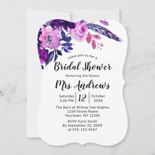 Convite Chá de panela de Aquarela Floral Roxo Encantado (Frente)