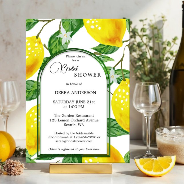 Convite Chá de panela de Aquarela Principal de Limão (Mediterranean bridal shower invite showing watercolor lemon citrus fruits with fresh green leaves)