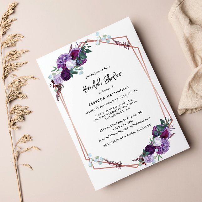Convite Chá de panela de Aquarela Puro Floral (Purple Floral Bridal Shower Invitation Card)