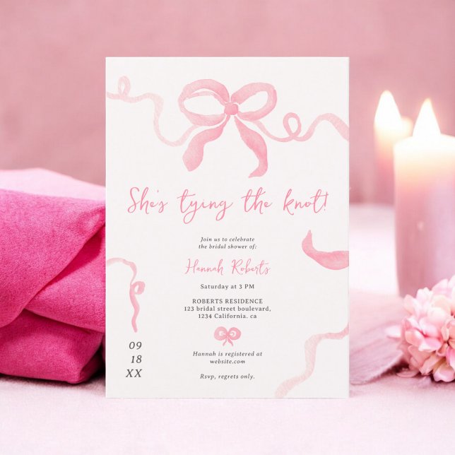 Convite Chá de panela de aquarela romeno de fita de arco r (Romantic pink bow ribbon watercolor bridal shower invitation)
