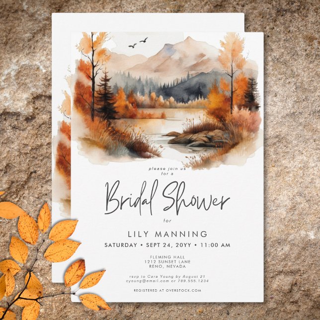 Convite Chá de panela de Aquarela Russo Fall Mountain (Rustic Fall Mountain Watercolor Bridal Shower Invitation)