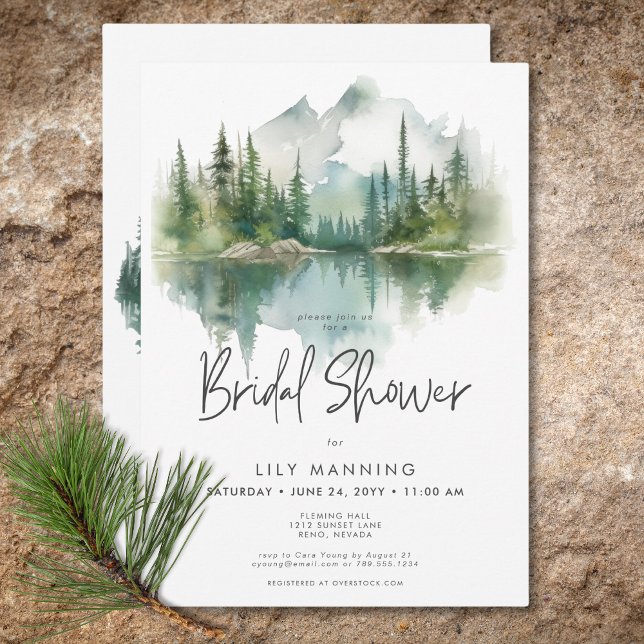 Convite Chá de panela de Aquarela Rustic Mountain Lake (Rustic Mountain Lake Watercolor Bridal Shower Invitation)