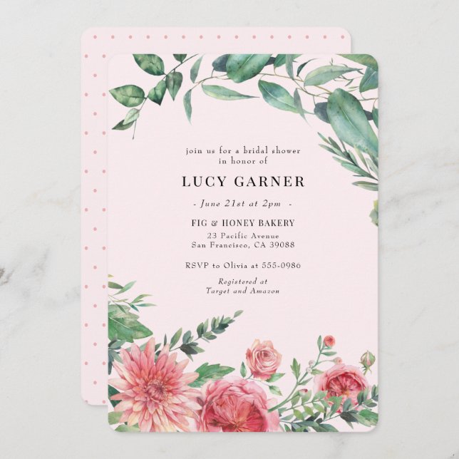 Convite Chá de panela de Aquarela Verde Rosa (Frente/Verso)