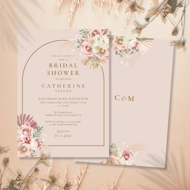 Convite Chá de panela de Arca Floral Pampas Grass (Pampas Grass Floral Arch Bridal Shower Invitation)