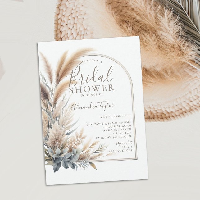 Convite Chá de panela de Arco Boho de Flores Secas Pampas (pampas grass bridal shower invitation boho arch dried flowers muted greens white minimalist bohemian)