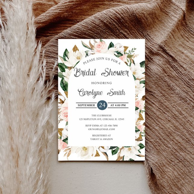 Convite Chá de panela de Arco da Magnolia Branca e Rosa (Criador carregado)