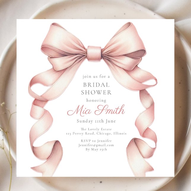Convite Chá de panela de Arco de Aquarela Girly Coquette (Elegant pink bow bridal shower invitation honoring the bride to be. Customize for a chic celebration)