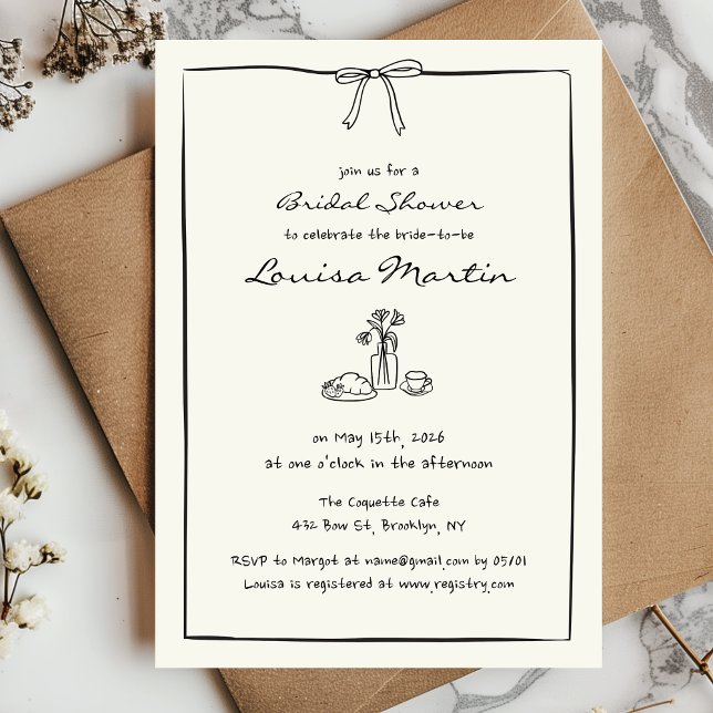 Convite Chá de panela de Arco de coquete eterno Brunch (Celebrate the bride with this stylish invitation featuring a bow and hand drawn bridal brunch scene!)