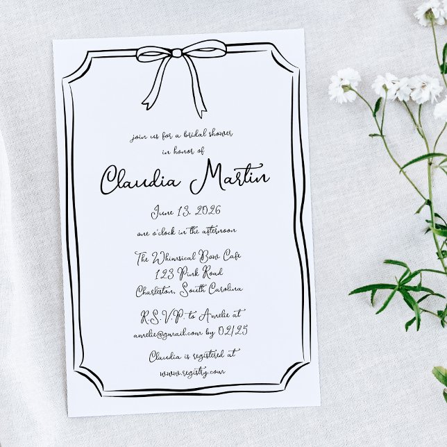 Convite Chá de panela De Arco Desenhado À Mão (Minimalist bridal shower invitation with a cute bow and modern typography—ideal for a stylish bride.)
