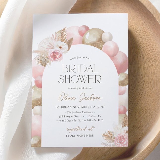 Convite Chá de panela de Arco do Balão de Grama Boho Rosa  (Criador carregado)