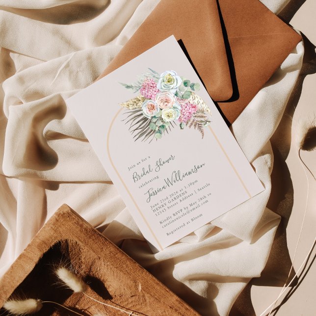 Convite Chá de panela de Arco Floral de Blush Boho Pampas  (Criador carregado)