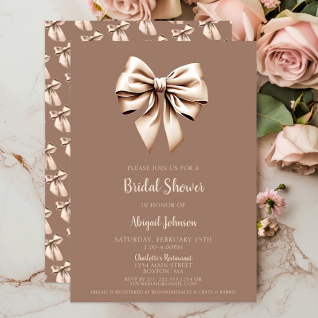 Convite Chá de panela de Arco Marrom elegante (Brown Cream Coquette Bow Bridal Shower Invitation, Elegant Wedding Shower, Modern, Mocha, Script )