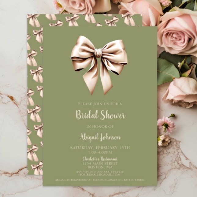 Convite Chá de panela de Arco verde Elegante Sage (Elegant Sage Green Coquette Bow Bridal Shower Invitations, Wedding Shower, Modern, Beige Bows, Chic)
