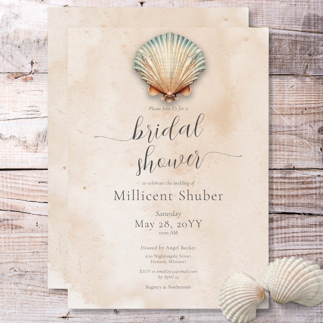 Convite Chá de panela de Areia Costeira Moderna (Modern Coastal Seashell Sand Bridal Shower Invitation)