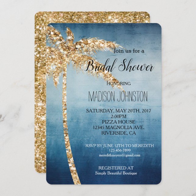 Convite Chá de panela de Árvore de Palma da Glitter Dourad (Frente/Verso)