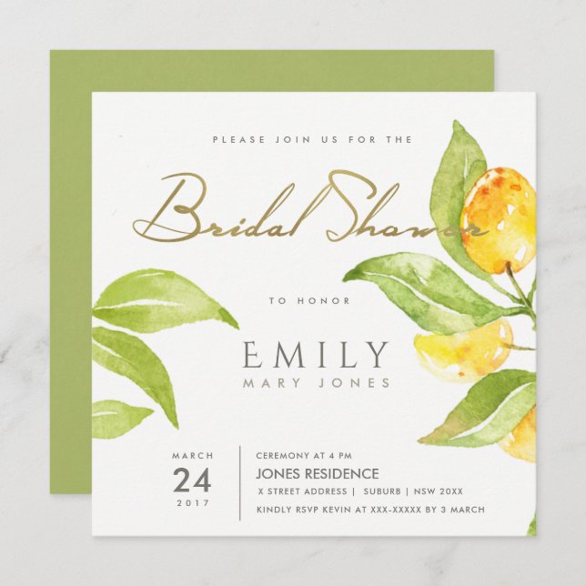 Convite Chá de panela DE AZEITE DE FOLIAGEM DE ÁGUA AMAREL (Frente/Verso)