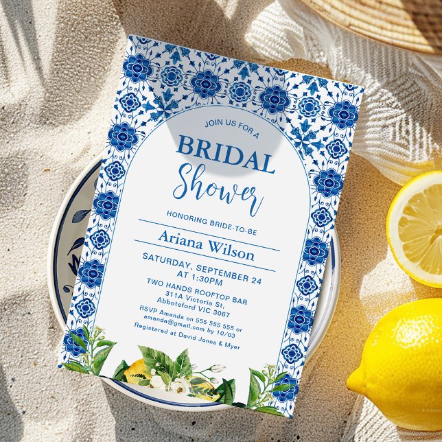Convite Chá de panela de Azulejo de limão azul moderno (Mediterranean Blue Tile Lemon Bridal Shower Invitation Template, Italian Positano Bridal Shower )