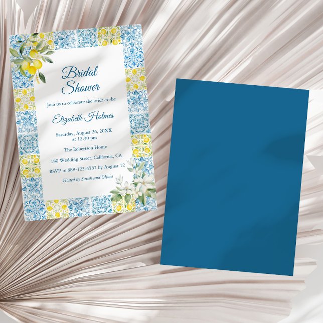 Convite Chá de panela de Azulejos Azuis e Limões do Medite (Mediterranean Blue Tiles and Lemons Bridal Shower Invitation on a dry palm leaf.)