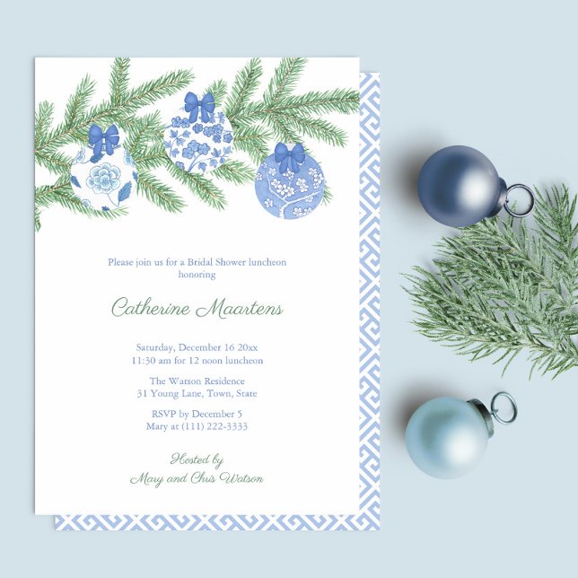 Convite Chá de panela de Balas Brancas Azul de Spruce (Elegant Blue And White Chinoiserie Watercolor Holidays Bridal Shower Party Invitation)