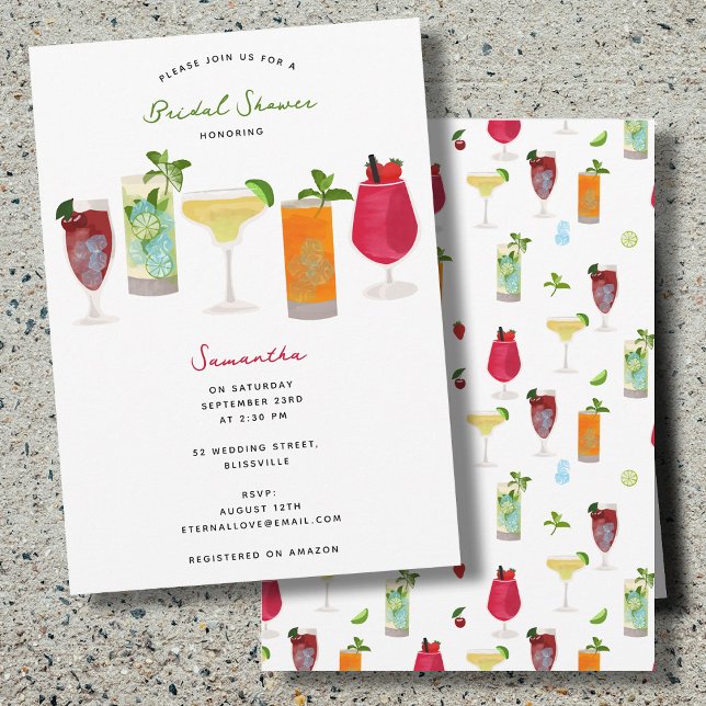 Convite Chá de panela de Bebidas do Partido dos Cocktails  (Watercolor Cocktails Party Drinks Bridal Shower Invitation)